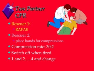 Two Partner CPR Rescuer 1: RAPAB Rescuer 2: place hands for compressions Compression rate: 30:2 Switch off when tired 1 and 2…..4 and change 