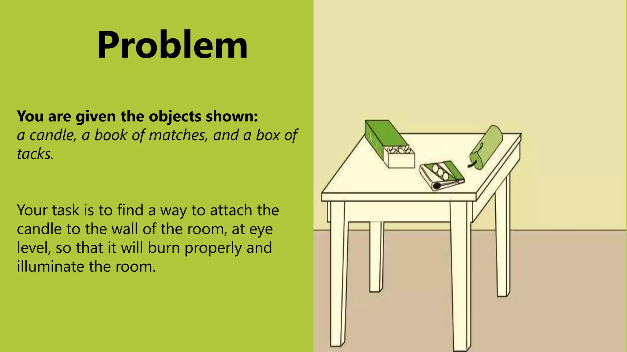 Problem
You are given the objects shown:
a candle, a book of matches, and a box of
tacks.
Your task is to find a way to attach the
candle to the wall of the room, at eye
level, so that it will burn properly and
illuminate the room.
 