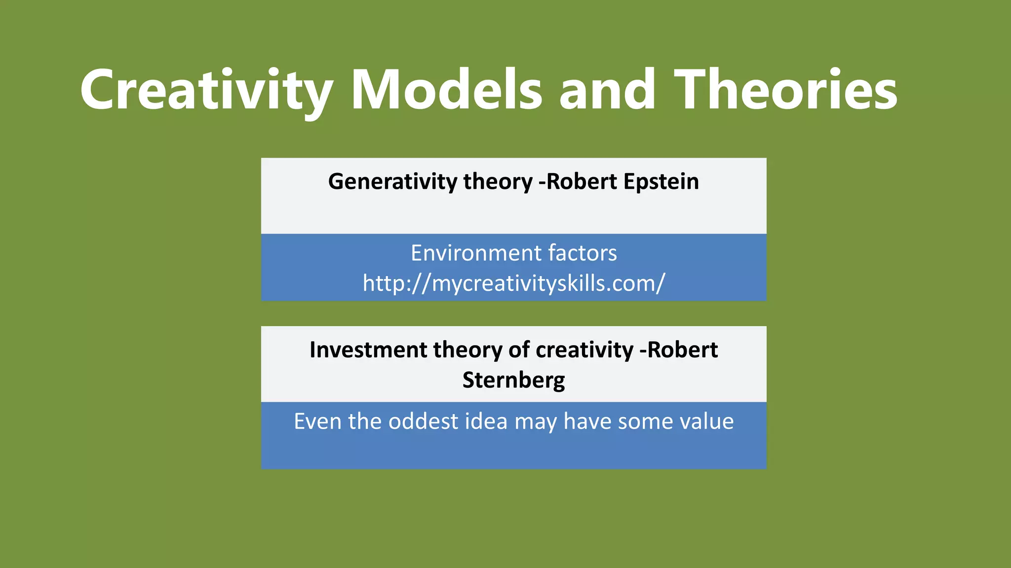 Creativity Models and Theories
Even the oddest idea may have some value
Environment factors
http://mycreativityskills.com/
Generativity theory -Robert Epstein
Investment theory of creativity -Robert
Sternberg
 