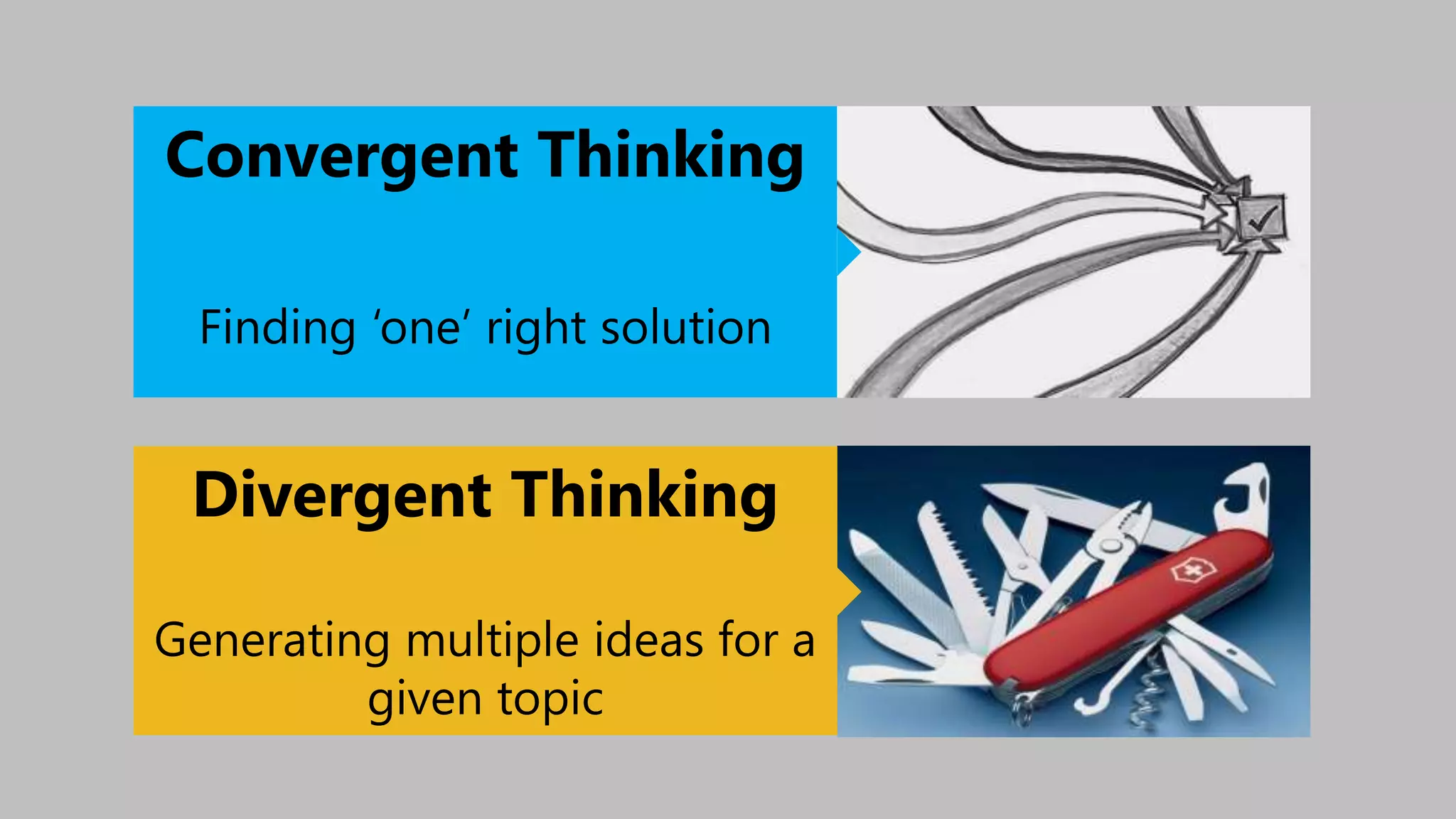 Convergent Thinking
Finding ‘one’ right solution
Divergent Thinking
Generating multiple ideas for a
given topic
 