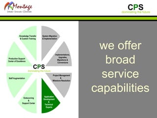we offer broad service capabilities Knowledge Transfer & Custom Training Implementations,  Upgrades, Migrations &  Conversions System Migration & Implementation Production Support Center of Excellence Staff Augmentation Outsourcing & Support Center Project Management &  Milestone Resolution Application Development &  Technical  Experts 