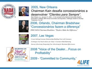 Fábrica de Campanhas FiatRetenção FiatComo manter a liderança da Fiat no mercado automobilístico sem comprometer margem de lucro? A aposta foi pioneira: criar um modelo para acompanhar o cliente em seu Ciclo de Vida e lhe enviar mensagens nos principais momentos de decisão de compra de carros, peças e serviços. Nascia assim a Fábrica de Campanhas Fiat. (2004)Foram definidos cinco principais momentos de contato com o cliente: malas de Boas-Vindas; de Garantia Estendida e Revisão; de Oferta Genérica; de Recompra 1; e de Recompra 2. Ao todo, são 3 modelos de envelope, 3 de carta, 8 de folheto e 2 de self-mailer, que geram 15 campanhas/mês, com 44 campos de personalização. Para viabilizar o envio de peças com tal volume de customização, foi criada a Ferramenta de Personalização de Campanhas, um aplicativo web based. Toda a administração da Fábrica é feita on-line. Em nove meses, os resultados das campanhas já representam 3,4% das vendas dos concessionários. Algumas malas alcançaram 2,8% de retorno em vendas de carros 0km.Prêmio ABEMD OuroAno:2004Prêmio AMAUTA OuroAno:2004Prêmio Correios de Marketing DiretoAno:2004Fonte: datamidiaRetenção CitroënApós um ano o índice de retenção de clientes foi de 96%.Quantidade de passagens na oficina aumentou em mais de 100%para clientes Privilège.Volume de faturamento e rentabilidade aumentou.
