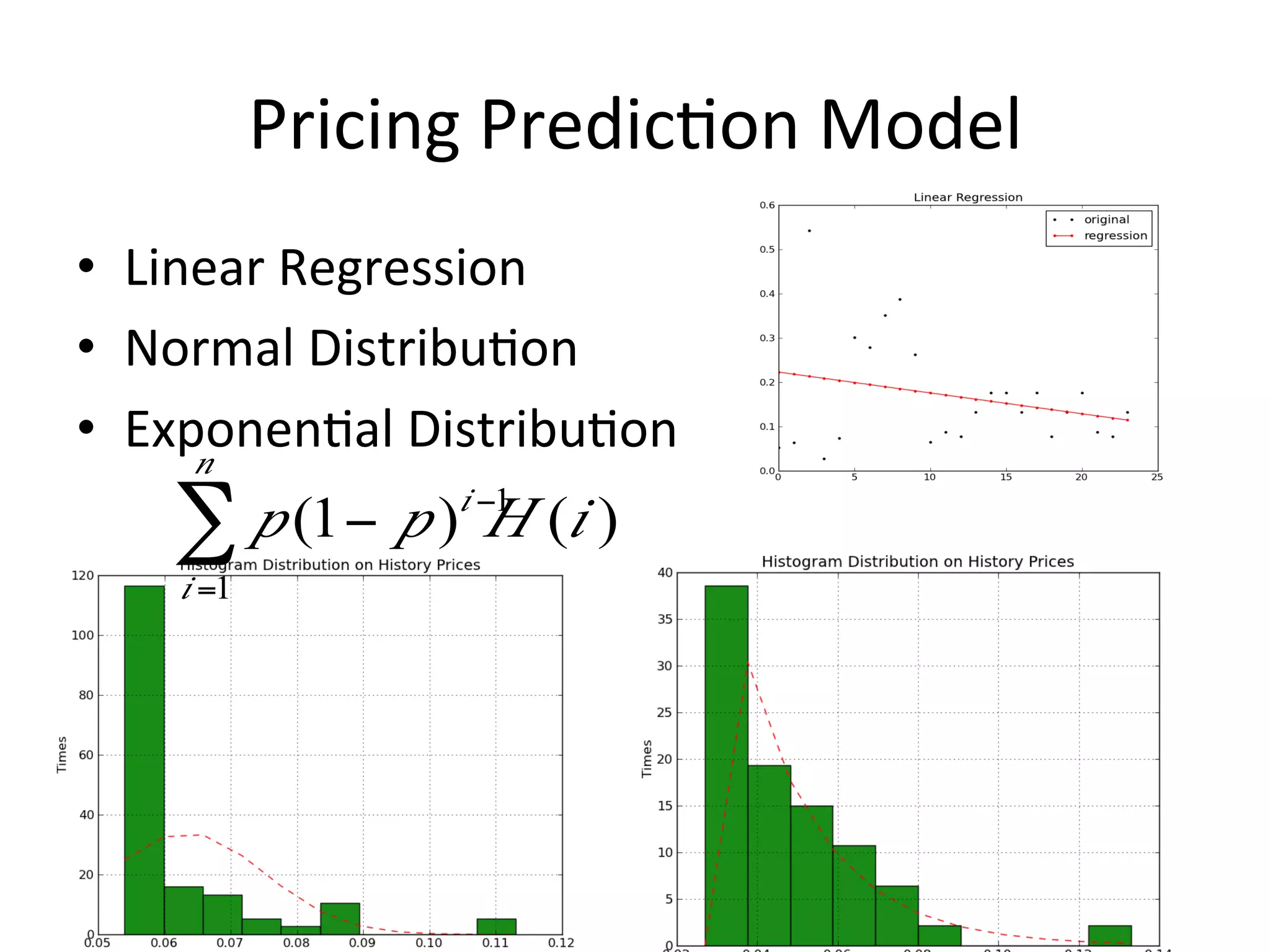 Pricing	
  PredicUon	
  Model	
  
•  Linear	
  Regression	
  
•  Normal	
  DistribuUon	
  
•  ExponenUal	
  DistribuUon	
  
      n
	
   ∑ p (1− p )i −1 (i )
                      H
               i =1




11/27/11	
                                                6	
  
 