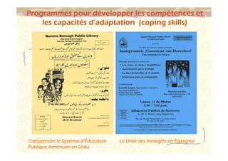 PPPPrrrrooooggggrrrraaaammmmmmmmeeeessss ppppoooouuuurrrr ddddévvvveeeellllooooppppppppeeeerrrr lllleeeessss ccccoooommmmppppétttteeeennnncccceeeessss eeeetttt 
lllleeeessss ccccaaaappppaaaacccciiiittttééééssss dddd’aaaaddddaaaappppttttaaaattttiiiioooonnnn ((((ccccooooppppiiiinnnngggg sssskkkkiiiillllllllssss)))) 
CCCCoooommmmpppprrrreeeennnnddddrrrreeee lllleeee SSSSyyyyssssttttèèmmmmeeee dddd’’’’ÉÉÉÉdddduuuuccccaaaattttiiiioooonnnn LLLLeeee DDDDrrrrooooiiiitttt ddddeeeessss IIIImmmmmmmmiiiiggggrrrréssss eeeennnn EEEEssssppppaaaaggggnnnnoooollll 
PPPPuuuubbbblllliiiiqqqquuuueeee AAAAmmmméérrrriiiiccccaaaaiiiinnnn eeeennnn UUUUrrrrdddduuuu 
 