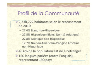 Profil de la Communauté 
2,230,722 habitants selon le recensement 
de 2010 
– 27.6% Blanc non-Hispanique 
– 27.5% Hispanique (Blanc, Noir, & Asiatique) 
– 22.8% Asiatique non-Hispanique 
– 17.7% Noir ou Américain d’origine Africaine 
non-Hispanique 
46.6% de la population est né à l’étranger 
160 langues parlées (outre l’anglais), 
représentant 190 pays 
 