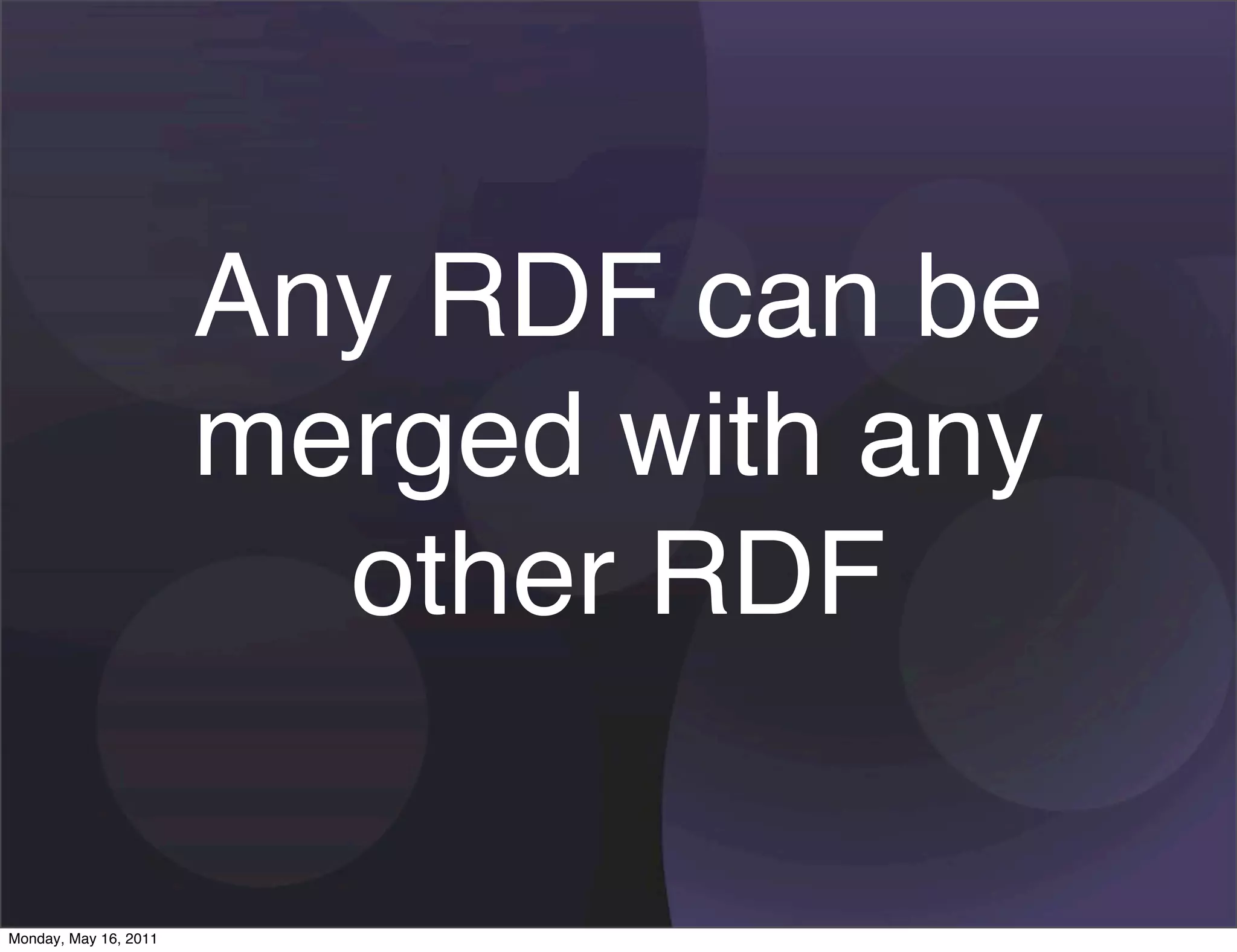 Any RDF can be
                       merged with any
                         other RDF

Monday, May 16, 2011
 