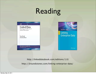 Reading




                           http://linkeddatabook.com/editions/1.0/

                       http://3roundstones.com/linking-enterprise-data/



Monday, May 16, 2011
 