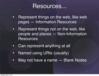 Resources...
                   • Represent things on the web, like web
                       pages — Information Resources
                   • Represent things not on the web, like
                       people and places — Non-Information
                       Resources
                   • Can represent anything at all
                   • Named using URIs (usually)
                   • May not have a name — Blank Nodes

Monday, May 16, 2011
 
