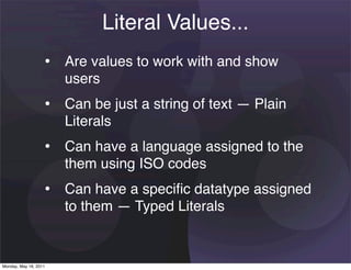 Literal Values...
                   • Are values to work with and show
                       users
                   • Can be just a string of text — Plain
                       Literals
                   • Can have a language assigned to the
                       them using ISO codes
                   • Can have a speciﬁc datatype assigned
                       to them — Typed Literals


Monday, May 16, 2011
 