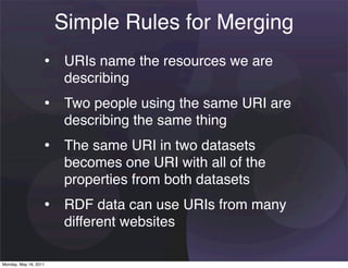 Simple Rules for Merging
                   • URIs name the resources we are
                       describing
                   • Two people using the same URI are
                       describing the same thing
                   • The same URI in two datasets
                       becomes one URI with all of the
                       properties from both datasets
                   • RDF data can use URIs from many
                       different websites

Monday, May 16, 2011
 