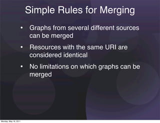 Simple Rules for Merging
                   • Graphs from several different sources
                       can be merged
                   • Resources with the same URI are
                       considered identical
                   • No limitations on which graphs can be
                       merged




Monday, May 16, 2011
 