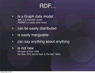 RDF...
                   • is a Graph data model
                       XML is a tree data model
                       RDBMS is a table data model

                   •   can be easily distributed
                   •   is easily mergeable
                   •   can say anything about anything
                   •   is not new
                       the spec is from 1999
                       the idea, EAV, stems back to the late 1960s




Monday, May 16, 2011
 