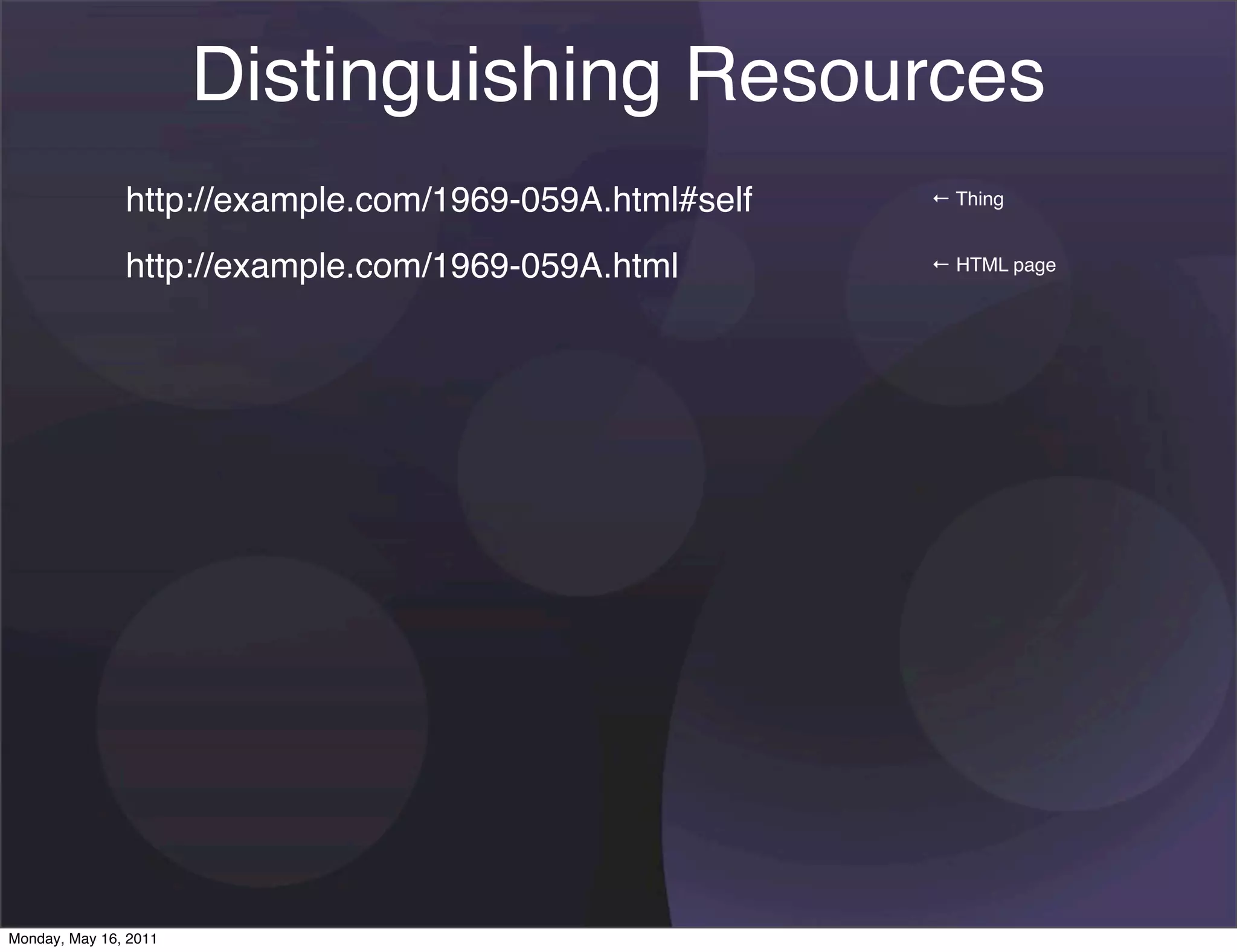 Distinguishing Resources
               http://example.com/1969-059A.html#self   ← Thing


               http://example.com/1969-059A.html        ← HTML page




Monday, May 16, 2011
 