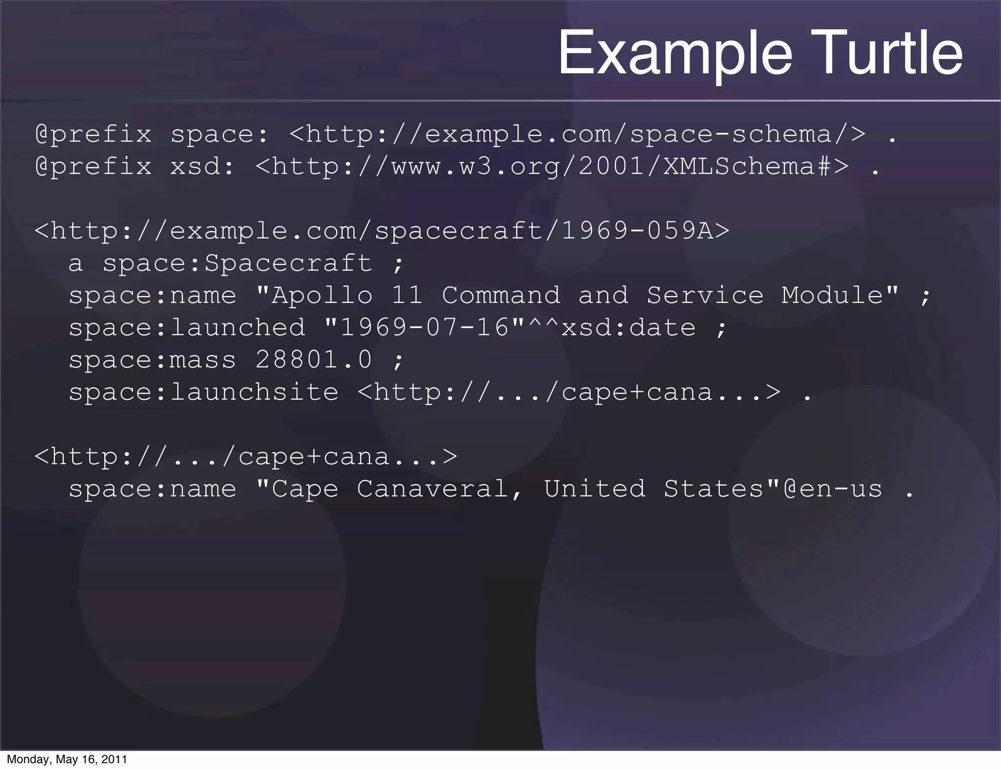 Example Turtle
    @prefix space: <http://example.com/space-schema/> .
    @prefix xsd: <http://www.w3.org/2001/XMLSchema#> .

    <http://example.com/spacecraft/1969-059A>
      a space:Spacecraft ;
      space:name "Apollo 11 Command and Service Module" ;
      space:launched "1969-07-16"^^xsd:date ;
      space:mass 28801.0 ;
      space:launchsite <http://.../cape+cana...> .

    <http://.../cape+cana...>
      space:name "Cape Canaveral, United States"@en-us .




Monday, May 16, 2011
 