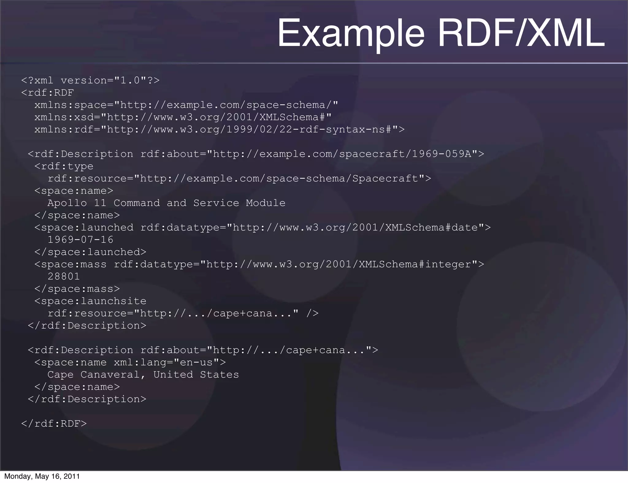 Example RDF/XML
    <?xml version="1.0"?>
    <rdf:RDF
      xmlns:space="http://example.com/space-schema/"
      xmlns:xsd="http://www.w3.org/2001/XMLSchema#"
      xmlns:rdf="http://www.w3.org/1999/02/22-rdf-syntax-ns#">

      <rdf:Description rdf:about="http://example.com/spacecraft/1969-059A">
       <rdf:type
         rdf:resource="http://example.com/space-schema/Spacecraft">
       <space:name>
         Apollo 11 Command and Service Module
       </space:name>
       <space:launched rdf:datatype="http://www.w3.org/2001/XMLSchema#date">
         1969-07-16
       </space:launched>
       <space:mass rdf:datatype="http://www.w3.org/2001/XMLSchema#integer">
         28801
       </space:mass>
       <space:launchsite
         rdf:resource="http://.../cape+cana..." />
      </rdf:Description>

      <rdf:Description rdf:about="http://.../cape+cana...">
       <space:name xml:lang="en-us">
         Cape Canaveral, United States
       </space:name>
      </rdf:Description>

    </rdf:RDF>



Monday, May 16, 2011
 