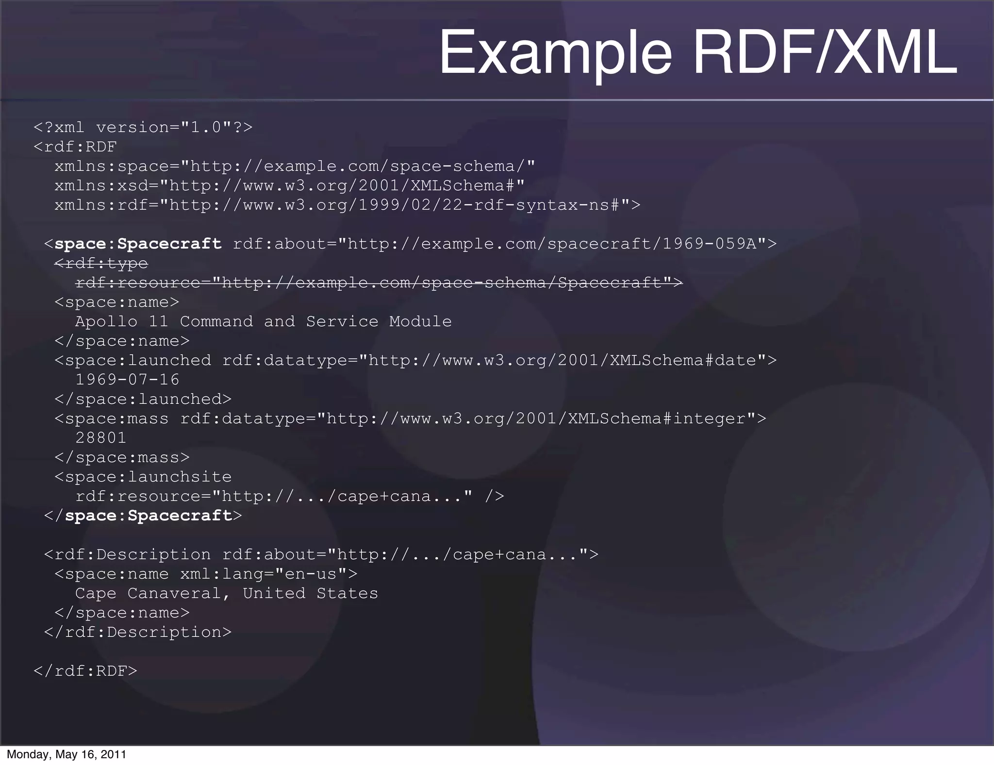 Example RDF/XML
    <?xml version="1.0"?>
    <rdf:RDF
      xmlns:space="http://example.com/space-schema/"
      xmlns:xsd="http://www.w3.org/2001/XMLSchema#"
      xmlns:rdf="http://www.w3.org/1999/02/22-rdf-syntax-ns#">

      <space:Spacecraft rdf:about="http://example.com/spacecraft/1969-059A">
       <rdf:type
         rdf:resource="http://example.com/space-schema/Spacecraft">
       <space:name>
         Apollo 11 Command and Service Module
       </space:name>
       <space:launched rdf:datatype="http://www.w3.org/2001/XMLSchema#date">
         1969-07-16
       </space:launched>
       <space:mass rdf:datatype="http://www.w3.org/2001/XMLSchema#integer">
         28801
       </space:mass>
       <space:launchsite
         rdf:resource="http://.../cape+cana..." />
      </space:Spacecraft>

      <rdf:Description rdf:about="http://.../cape+cana...">
       <space:name xml:lang="en-us">
         Cape Canaveral, United States
       </space:name>
      </rdf:Description>

    </rdf:RDF>



Monday, May 16, 2011
 