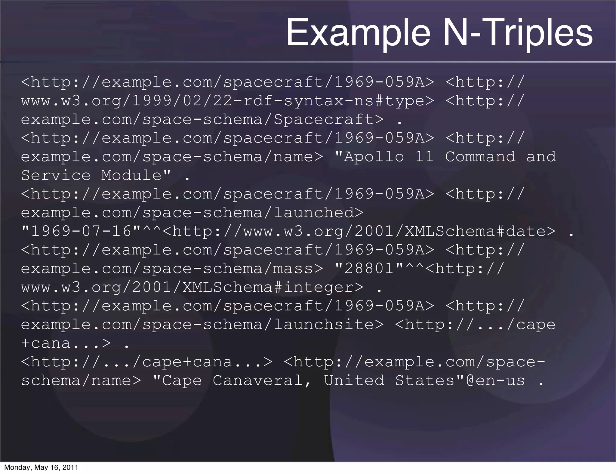 Example N-Triples
    <http://example.com/spacecraft/1969-059A> <http://
    www.w3.org/1999/02/22-rdf-syntax-ns#type> <http://
    example.com/space-schema/Spacecraft> .
    <http://example.com/spacecraft/1969-059A> <http://
    example.com/space-schema/name> "Apollo 11 Command and
    Service Module" .
    <http://example.com/spacecraft/1969-059A> <http://
    example.com/space-schema/launched>
    "1969-07-16"^^<http://www.w3.org/2001/XMLSchema#date> .
    <http://example.com/spacecraft/1969-059A> <http://
    example.com/space-schema/mass> "28801"^^<http://
    www.w3.org/2001/XMLSchema#integer> .
    <http://example.com/spacecraft/1969-059A> <http://
    example.com/space-schema/launchsite> <http://.../cape
    +cana...> .
    <http://.../cape+cana...> <http://example.com/space-
    schema/name> "Cape Canaveral, United States"@en-us .




Monday, May 16, 2011
 