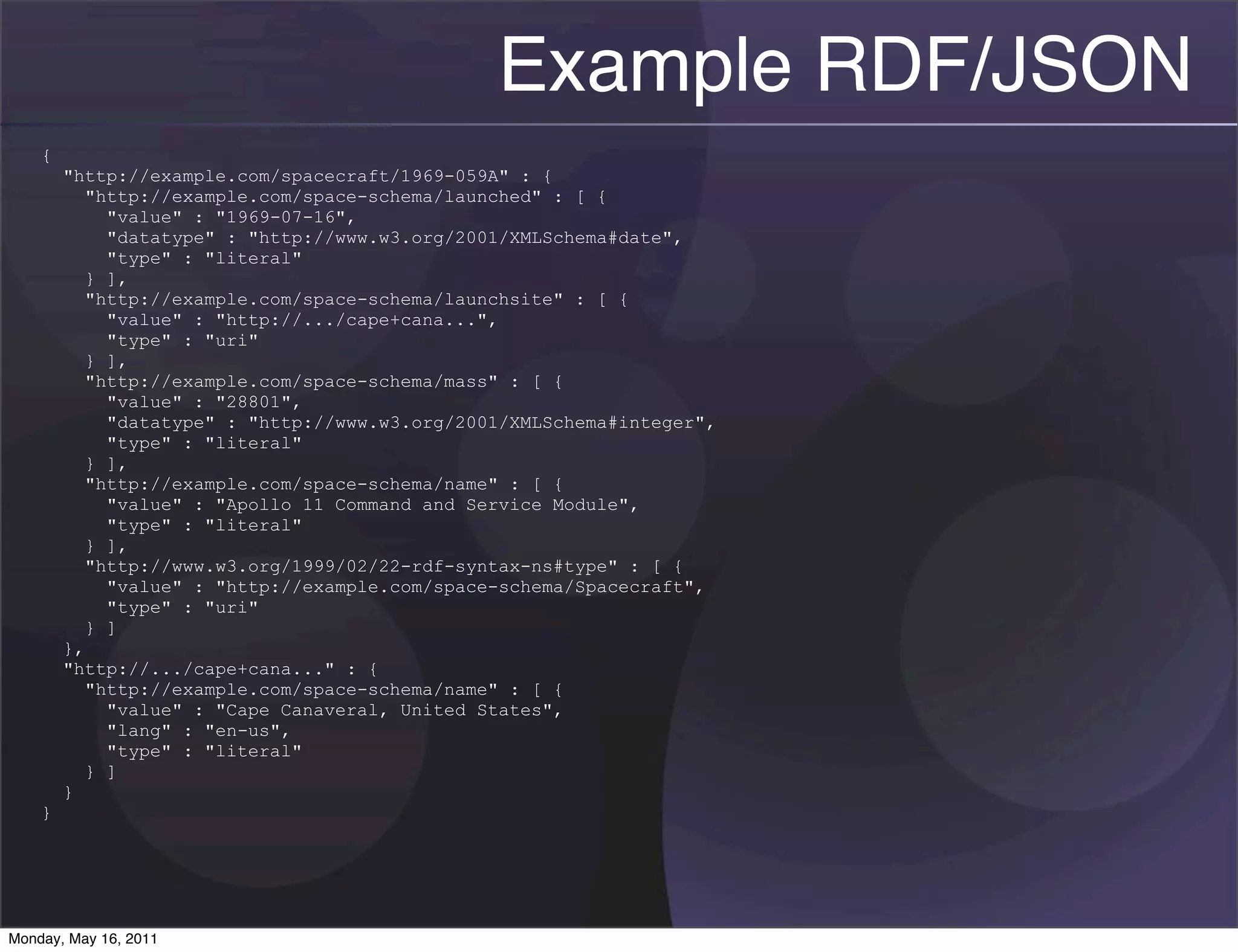 Example RDF/JSON
    {
        "http://example.com/spacecraft/1969-059A" : {
           "http://example.com/space-schema/launched" : [ {
             "value" : "1969-07-16",
             "datatype" : "http://www.w3.org/2001/XMLSchema#date",
             "type" : "literal"
           } ],
           "http://example.com/space-schema/launchsite" : [ {
             "value" : "http://.../cape+cana...",
             "type" : "uri"
           } ],
           "http://example.com/space-schema/mass" : [ {
             "value" : "28801",
             "datatype" : "http://www.w3.org/2001/XMLSchema#integer",
             "type" : "literal"
           } ],
           "http://example.com/space-schema/name" : [ {
             "value" : "Apollo 11 Command and Service Module",
             "type" : "literal"
           } ],
           "http://www.w3.org/1999/02/22-rdf-syntax-ns#type" : [ {
             "value" : "http://example.com/space-schema/Spacecraft",
             "type" : "uri"
           } ]
        },
        "http://.../cape+cana..." : {
           "http://example.com/space-schema/name" : [ {
             "value" : "Cape Canaveral, United States",
             "lang" : "en-us",
             "type" : "literal"
           } ]
        }
    }




Monday, May 16, 2011
 