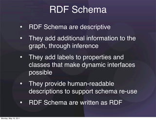 RDF Schema
                   • RDF Schema are descriptive
                   • They add additional information to the
                       graph, through inference
                   • They add labels to properties and
                       classes that make dynamic interfaces
                       possible
                   • They provide human-readable
                       descriptions to support schema re-use
                   • RDF Schema are written as RDF
Monday, May 16, 2011
 