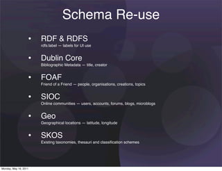 Schema Re-use
                   • RDF & RDFS
                       rdfs:label — labels for UI use


                   • Dublin Core
                       Bibliographic Metadata — title, creator


                   • FOAF
                       Friend of a Friend — people, organisations, creations, topics


                   • SIOC
                       Online communities — users, accounts, forums, blogs, microblogs


                   • Geo
                       Geographical locations — latitude, longitude


                   • SKOS
                       Existing taxonomies, thesauri and classiﬁcation schemes




Monday, May 16, 2011
 