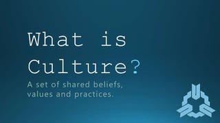 What is Culture?
A set of shared beliefs,
values and practices.
 