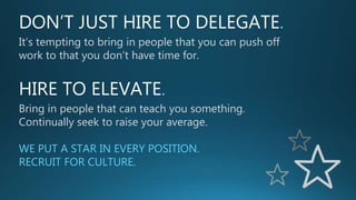 DON’T JUST HIRE TO DELEGATE.
It’s tempting to bring in people that you can push off
work to that you don’t have time for.
HIRE TO ELEVATE.
Bring in people that can teach you something.
Continually seek to raise your average.
WE PUT A STAR IN EVERY POSITION.
RECRUIT FOR CULTURE.
 