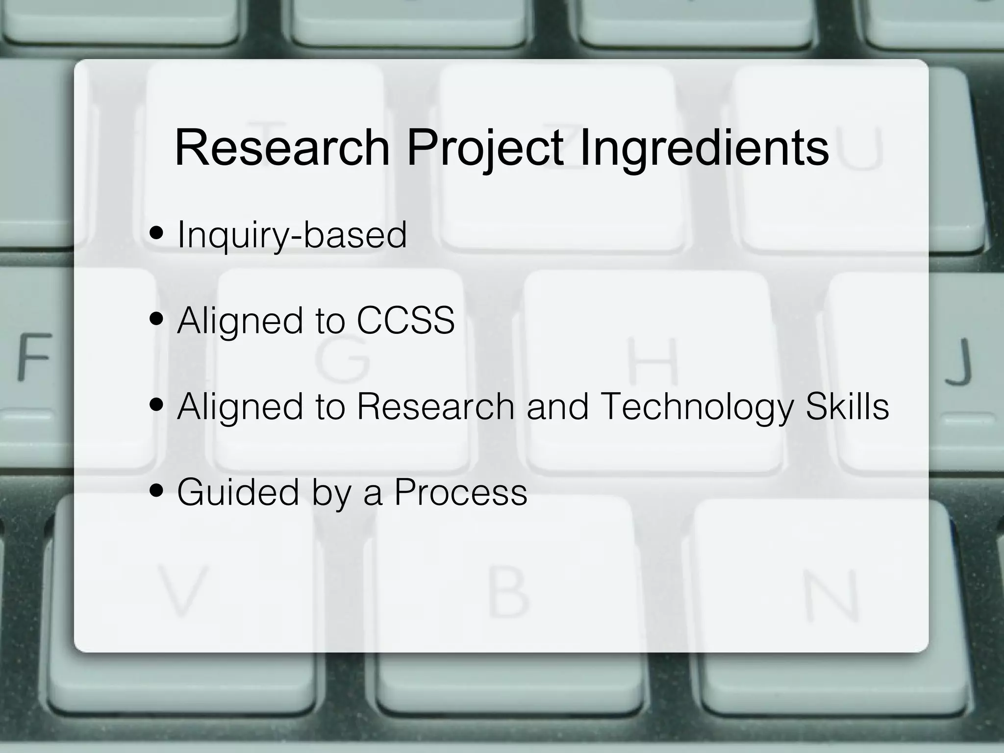Research Project Ingredients
• Inquiry-based

• Aligned to CCSS

• Aligned to Research and Technology Skills

• Guided by a Process
 
