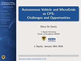 Autonomous Vehicle
and MicroGrids as CPS
Elena De Santis
Introduction
Traﬃc Control
Motivations
Autonomous Vehicle
Power Systems
Motivations
DC Microgrid
Conclusions
Autonomous Vehicle and MicroGrids
as CPS:
Challenges and Opportunities
Elena De Santis
L’Aquila University
Center of Excellence DEWS
L’Aquila, Jenuary 26th 2016
1/17
Autonomous Vehicle and MicroGrids as CPS
 