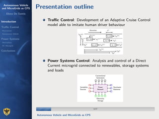 Autonomous Vehicle
and MicroGrids as CPS
Elena De Santis
Introduction
Traﬃc Control
Motivations
Autonomous Vehicle
Power Systems
Motivations
DC Microgrid
Conclusions
Presentation outline
Traﬃc Control: Development of an Adaptive Cruise Control
model able to imitate human driver behaviour
Power Systems Control: Analysis and control of a Direct
Current microgrid connected to renewables, storage systems
and loads
3/173/17
Autonomous Vehicle and MicroGrids as CPS
 