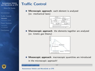 Autonomous Vehicle
and MicroGrids as CPS
Elena De Santis
Introduction
Traﬃc Control
Motivations
Autonomous Vehicle
Power Systems
Motivations
DC Microgrid
Conclusions
Traﬃc Control
Microscopic approach: each element is analyzed
(ex: mechanical laws)
Macroscopic approach: the elements together are analyzed
(ex: kinetic gas theory)
Mesoscopic approach: macroscopic quantities are introduced
in the microscopic approach!
5/175/17
Autonomous Vehicle and MicroGrids as CPS
 