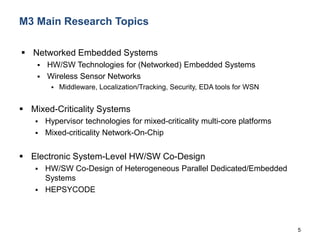 5
M3 Main Research Topics
 Networked Embedded Systems
 HW/SW Technologies for (Networked) Embedded Systems
 Wireless Sensor Networks
 Middleware, Localization/Tracking, Security, EDA tools for WSN
 Mixed-Criticality Systems
 Hypervisor technologies for mixed-criticality multi-core platforms
 Mixed-criticality Network-On-Chip
 Electronic System-Level HW/SW Co-Design
 HW/SW Co-Design of Heterogeneous Parallel Dedicated/Embedded
Systems
 HEPSYCODE
 