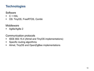 10
Technologies
Software
 C + HAL
 OS: TinyOS, FreeRTOS, Contiki
Middleware
 Agilla/Agilla 2
Communication protocols
 IEEE 802.15.4 (Atmel and TinyOS implementations)
 Specific routing algorithms
 Atmel, TinyOS and OpenZigBee implementations
 
