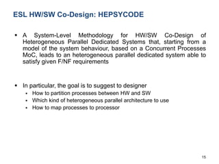 15
ESL HW/SW Co-Design: HEPSYCODE
 A System-Level Methodology for HW/SW Co-Design of
Heterogeneous Parallel Dedicated Systems that, starting from a
model of the system behaviour, based on a Concurrent Processes
MoC, leads to an heterogeneous parallel dedicated system able to
satisfy given F/NF requirements
 In particular, the goal is to suggest to designer
 How to partition processes between HW and SW
 Which kind of heterogeneous parallel architecture to use
 How to map processes to processor
 