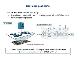 21
Multicore platforms
 4–LOOP - SMP system including:
 A quad-core Leon 3 with Linux operating system, OpenMP library and
hardware profiling system
ML605 (Virtex 6) Development Board
Current collaboration with POLIMI to port the Barbeque framework
(http://bosp.dei.polimi.it) on 4-LOOP platform
 