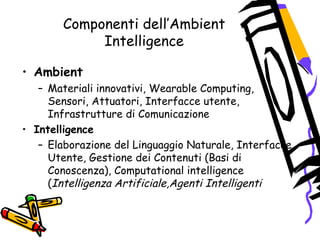 Componenti dell’Ambient
Intelligence
• Ambient
– Materiali innovativi, Wearable Computing,
Sensori, Attuatori, Interfacce utente,
Infrastrutture di Comunicazione
• Intelligence
– Elaborazione del Linguaggio Naturale, Interfacce
Utente, Gestione dei Contenuti (Basi di
Conoscenza), Computational intelligence
(Intelligenza Artificiale,Agenti Intelligenti
 