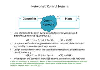 Networked Control Systems
PlantController
• Let a plant model be given by input/output/internal variables and
differential/difference equations, e.g.:
‫ݔ‬ ݇ + 1 = ‫ݔܣ‬ ݇ + ‫ݑܤ‬ ݇ , ‫ݕ‬ ݇ = ‫)݇(ݔܥ‬
• Let some specifications be given on the desired behavior of the variables,
e.g. stability or some temporal logic formula
• Design a controller such that the closed-loop interconnection satisfies the
specifications, e.g.
ℎ ݇ + 1 = ‫ܧ‬ℎ ݇ + ‫ݕܨ‬ ݇ , u ݇ = ‫ܩ‬ℎ ݇
• What if plant and controller exchange data via a communication network?
R. Alur, A. D'Innocenzo, K.H. Johansson, G.J. Pappas, G. Weiss. Compositional Modeling and Analysis of Multi-Hop
Control Networks. IEEE Transactions on Automatic Control, Special Issue on Wireless Sensor and Actuator
Networks, full paper, 56(10):2345-2357, 2011.
u y
xComm.
Network
 
