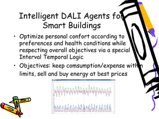 Intelligent DALI Agents for
Smart Buildings
• Optimize personal confort according to
preferences and health conditions while
respecting overall objectives via a special
Interval Temporal Logic
• Objectives: keep comsumption/expense within
limits, sell and buy energy at best prices
 