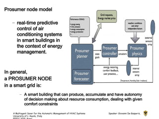 A Multiagent Saver for the Automatic Management of HVAC Systems Speaker: Giovanni De Gasperis,
University of L'Aquila, Italy
Prosumer node model
– real-time predictive
control of air
conditioning systems
in smart buildings in
the context of energy
management.
In general,
a PROSUMER NODE
in a smart grid is:
– A smart building that can produce, accumulate and have autonomy
of decision making about resource consumption, dealing with given
comfort constraints
 