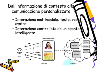 Dall’informazione di contesto alla
comunicazione personalizzata
– Interazione multimodale: testo, voce,
avatar
– Interazione controllata da un agente
intelligente
 