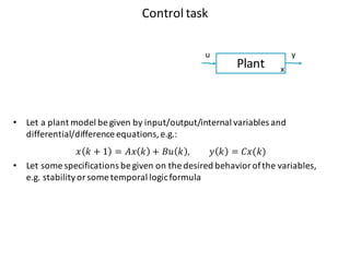 Control	task
Plant
u y
x
• Let a	plant model	be	given by	input/output/internal variables and	
differential/difference equations,	e.g.:
𝑥 𝑘 + 1 = 𝐴𝑥 𝑘 + 𝐵𝑢 𝑘 , 𝑦 𝑘 = 𝐶𝑥(𝑘)
• Let some	specifications be	given on	the	desired behavior of	the	variables,	
e.g.	stabilityor	some	temporal logicformula
 