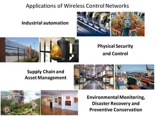 Applications	of	Wireless	Control	Networks
Industrial	automation
EnvironmentalMonitoring,	
Disaster Recovery and	
Preventive	Conservation
Supply	Chain	and
Asset	Management
Physical	Security
and	Control
 