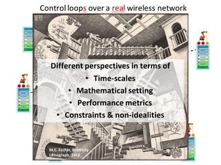 Control	loops over	a	real wireless	network
Wireless	
network
Borderline	between	control	over network	
and	control	of network	disappears
M.C.	Escher,	Relativity
Lithograph,	1953
Different	perspectives	in	terms	of
• Time-scales
• Mathematical	setting
• Performance	metrics
• Constraints	&	non-idealities
 