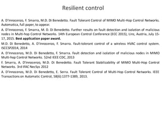 Resilient	control
A. D'Innocenzo, F. Smarra, M.D. Di Benedetto. Fault Tolerant Control of MIMO Multi-Hop Control Networks.
Automatica, full paper, to appear.
A. D'Innocenzo, F. Smarra, M. D. Di Benedetto. Further results on fault detection and isolation of malicious
nodes in Multi-hop Control Networks. 14th European Control Conference (ECC 2015), Linz, Austria, July 15-
17, 2015. Best application paper award.
M.D. Di Benedetto, A. D'Innocenzo, F. Smarra. Fault-tolerant control of a wireless HVAC control system.
ISCCSP2014, 2014
A. D'Innocenzo, M.D. Di Benedetto, F. Smarra. Fault detection and isolation of malicious nodes in MIMO
Multi-hop Control Networks. 52nd IEEE CDC, 2013
F. Smarra, A. D'Innocenzo, M.D. Di Benedetto. Fault Tolerant Stabilizability of MIMO Multi-Hop Control
Networks. 3rd IFAC NecSys 2012
A. D'Innocenzo, M.D. Di Benedetto, E. Serra. Fault Tolerant Control of Multi-Hop Control Networks. IEEE
Transactions on Automatic Control, 58(6):1377-1389, 2013.
 