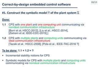#1. Construct the symbolic model T of the plant system 
Done:
1.1 CPS with one plant and one computing unit communicating via
nonideal communication infrastructure
[Borri et al; HSCC-2012], [Liu et al.; HSCC-2014],
[Zamani et al; IEEE-CDC-2015],]
1.2 CPS with multiple plants and computing units communicating via
ideal communication infrastructure
[Tazaki et al.; HSCC-2008], [Pola et al.; IEEE-TAC-2016 ?]
To be done: 1.1 + 1.2 = ?
 Incremental stability notions for CPS
 Symbolic models for CPS with multiple plants and computing units
communicating via nonideal communication infrastructure
Correct-by-design embedded control software
10/13
 