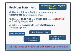 Problem Statement
9
Q: How the Software Architecture community can
contribute to engineering CPSs?
Q: How our theories and...