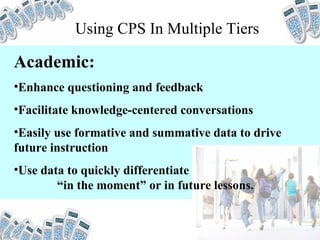 Using CPS In Multiple Tiers Academic: Enhance questioning and feedback Facilitate knowledge-centered conversations Easily use formative and summative data to drive future instruction Use data to quickly differentiate  “in the moment” or in future lessons. 