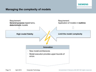 Page 15 April 2015 Corporate Technology Unrestricted © Siemens AG 2015 All rights reserved.
Managing the complexity of models
High model fidelity
Innovation
• New model architectures
• Model execution provides upper bounds of
errors
Limit the model complexity
Requirement:
General purpose digital twins,
deterministic models
Requirement:
Application of models in realtime
 