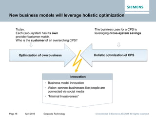 Page 18 April 2015 Corporate Technology Unrestricted © Siemens AG 2015 All rights reserved.
New business models will leverage holistic optimization
Optimization of own business
Innovation
• Business model innovation
• Vision: connect businesses like people are
connected via social media
• “Minimal Invasiveness”
Holistic optimization of CPS
Today:
Each (sub-)system has its own
provider/customer match.
Who is the customer of an overarching CPS?
The business case for a CPS is
leveraging cross-system savings
 