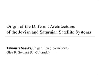 Origin of the Different Architectures
of the Jovian and Saturnian Satellite Systems


Takanori Sasaki, Shigeru Ida (Tokyo Tech)
Glen R. Stewart (U. Colorado)
 