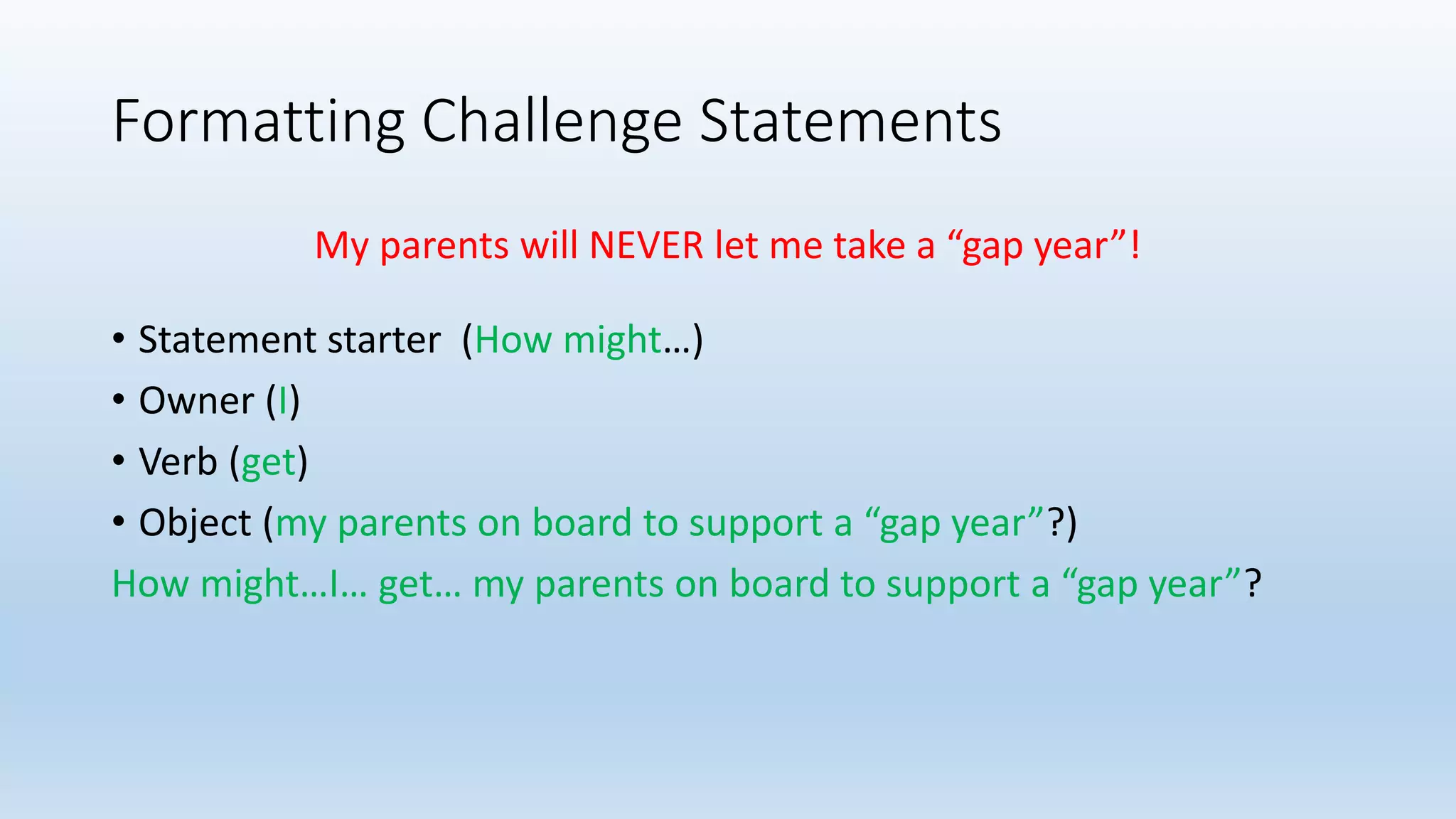 Formatting Challenge Statements
My parents will NEVER let me take a “gap year”!
• Statement starter (How might…)
• Owner (I)
• Verb (get)
• Object (my parents on board to support a “gap year”?)
How might…I… get… my parents on board to support a “gap year”?
 